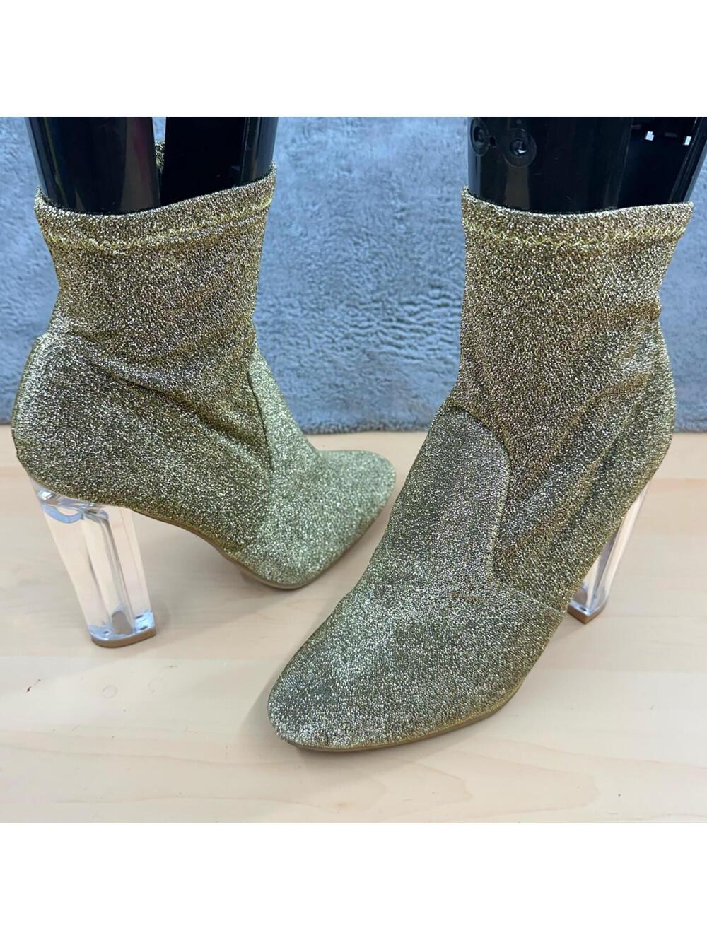 Bamboo Gold Glitter‎ Sock Boots with Clear Lucite Block Heel